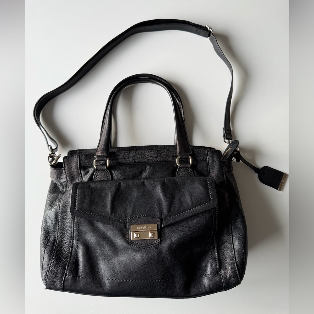 Cole Haan handbag, full grain black soft leather, large volume, boho trend
